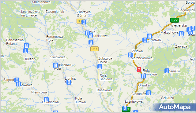 mapa Zubrzyca Dolna, Zubrzyca Dolna na mapie Targeo