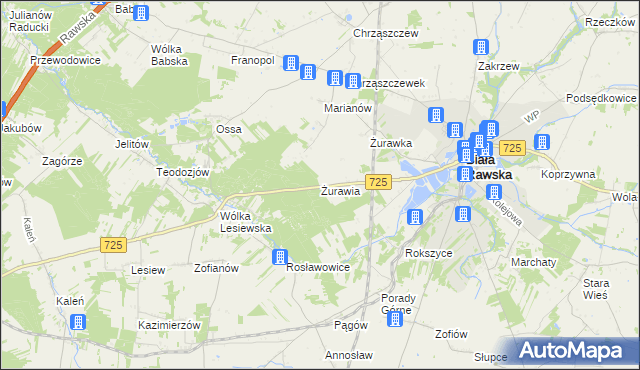 mapa Żurawia gmina Biała Rawska, Żurawia gmina Biała Rawska na mapie Targeo