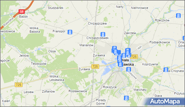 mapa Żurawka gmina Biała Rawska, Żurawka gmina Biała Rawska na mapie Targeo