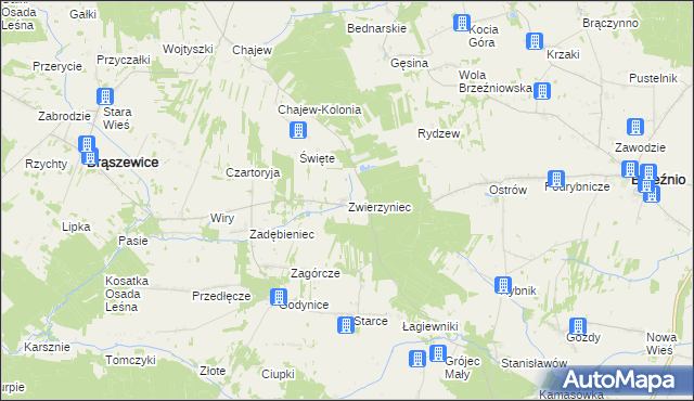 mapa Zwierzyniec gmina Brąszewice, Zwierzyniec gmina Brąszewice na mapie Targeo
