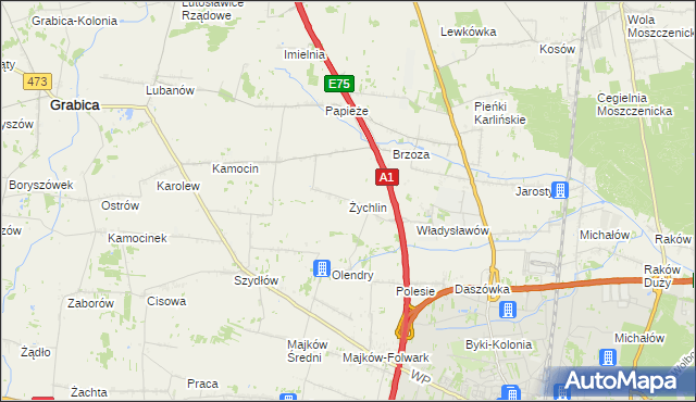 mapa Żychlin gmina Grabica, Żychlin gmina Grabica na mapie Targeo