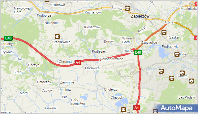 mapa Aleksandrowice gmina Zabierzów, Aleksandrowice gmina Zabierzów na mapie Targeo