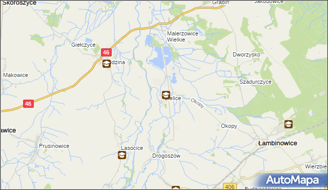 mapa Bielice gmina Łambinowice, Bielice gmina Łambinowice na mapie Targeo