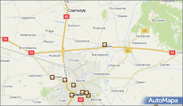 mapa Bieniądzice, Bieniądzice na mapie Targeo