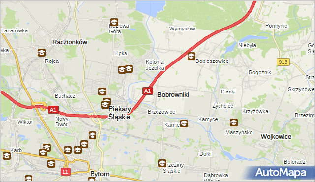 mapa Bobrowniki powiat będziński, Bobrowniki powiat będziński na mapie Targeo