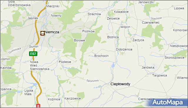 mapa Brochocin gmina Ciepłowody, Brochocin gmina Ciepłowody na mapie Targeo