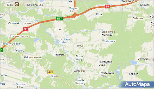 mapa Brogi gmina Dobroń, Brogi gmina Dobroń na mapie Targeo