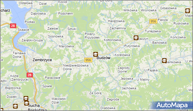 mapa Budzów powiat suski, Budzów powiat suski na mapie Targeo