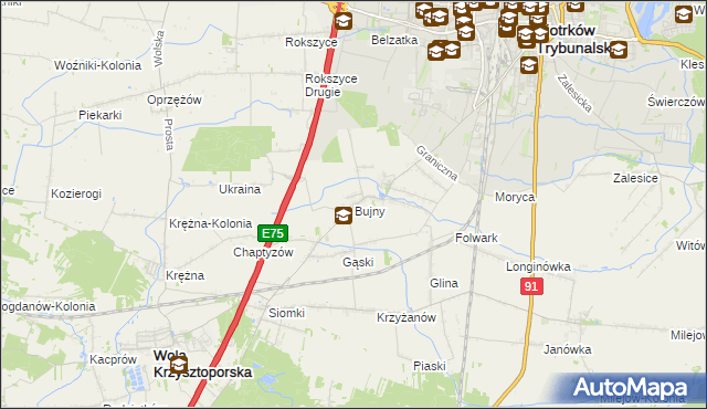 mapa Bujny gmina Wola Krzysztoporska, Bujny gmina Wola Krzysztoporska na mapie Targeo