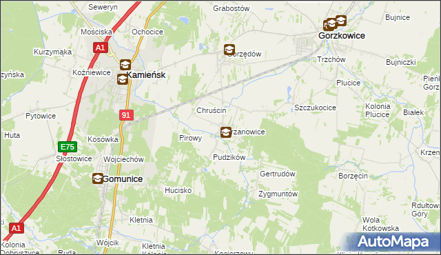 mapa Chrzanowice gmina Gomunice, Chrzanowice gmina Gomunice na mapie Targeo