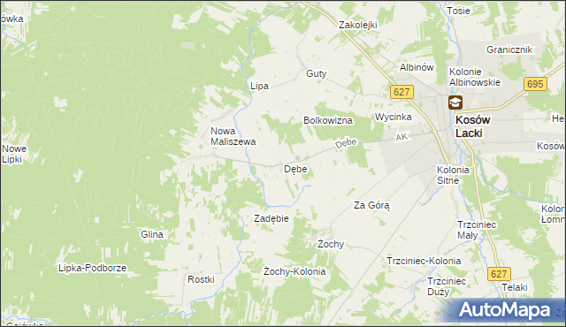 mapa Dębe gmina Kosów Lacki, Dębe gmina Kosów Lacki na mapie Targeo