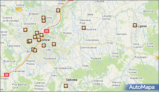 mapa Dominikowice gmina Gorlice, Dominikowice gmina Gorlice na mapie Targeo