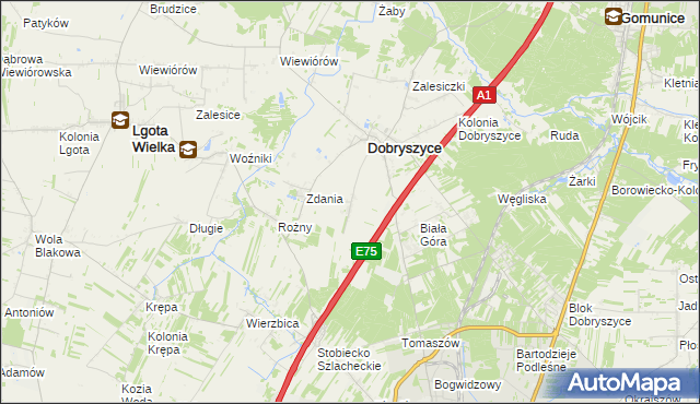 mapa Galonki gmina Dobryszyce, Galonki gmina Dobryszyce na mapie Targeo