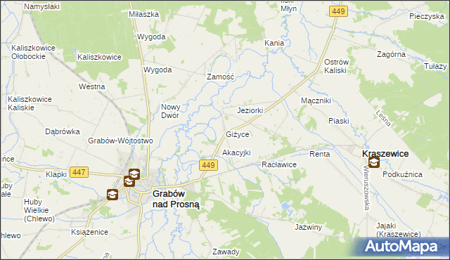 mapa Giżyce gmina Grabów nad Prosną, Giżyce gmina Grabów nad Prosną na mapie Targeo