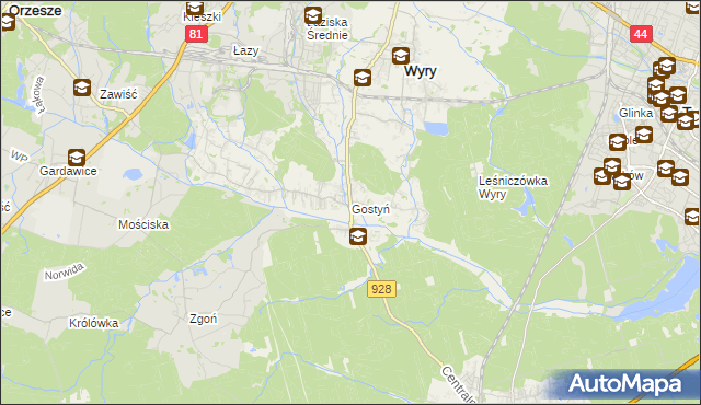 mapa Gostyń gmina Wyry, Gostyń gmina Wyry na mapie Targeo