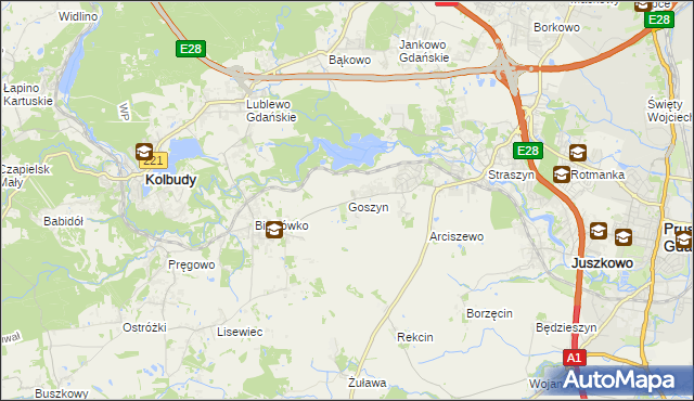 mapa Goszyn gmina Pruszcz Gdański, Goszyn gmina Pruszcz Gdański na mapie Targeo