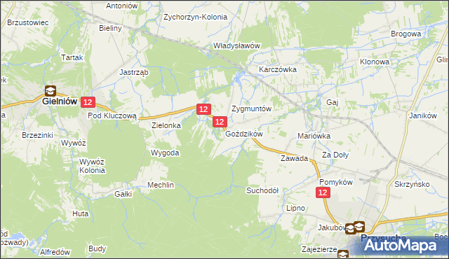 mapa Goździków gmina Gielniów, Goździków gmina Gielniów na mapie Targeo