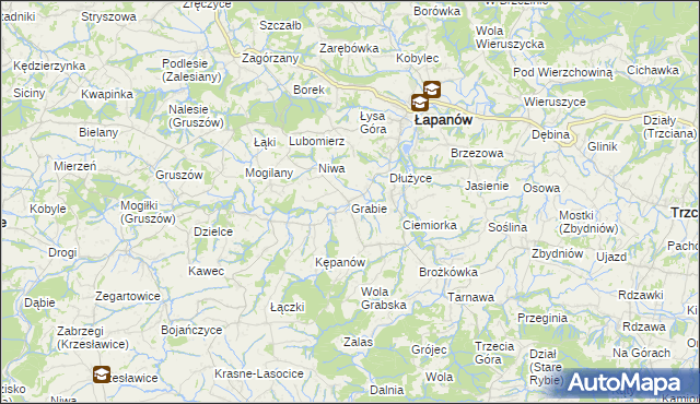 mapa Grabie gmina Łapanów, Grabie gmina Łapanów na mapie Targeo