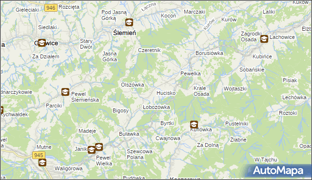 mapa Hucisko gmina Stryszawa, Hucisko gmina Stryszawa na mapie Targeo