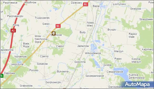 mapa Jadwinów gmina Gorzkowice, Jadwinów gmina Gorzkowice na mapie Targeo