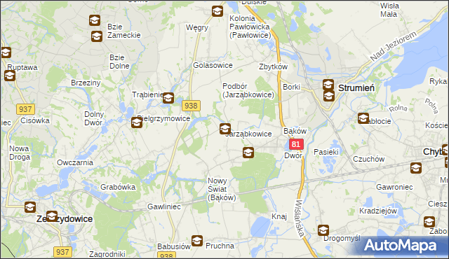 mapa Jarząbkowice gmina Pawłowice, Jarząbkowice gmina Pawłowice na mapie Targeo