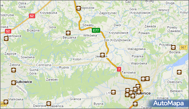 mapa Jawornik gmina Myślenice, Jawornik gmina Myślenice na mapie Targeo