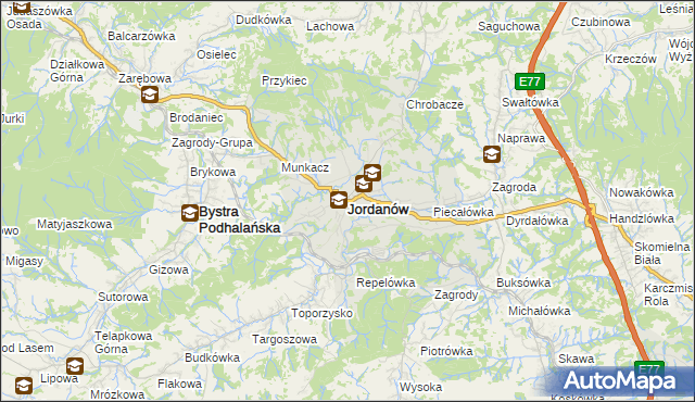 mapa Jordanów powiat suski, Jordanów powiat suski na mapie Targeo