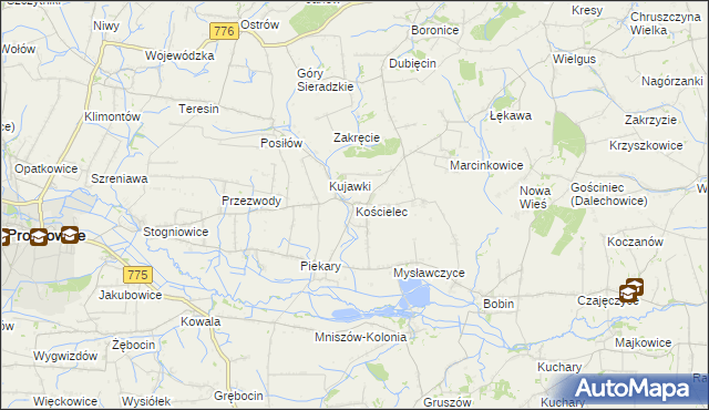 mapa Kościelec gmina Proszowice, Kościelec gmina Proszowice na mapie Targeo