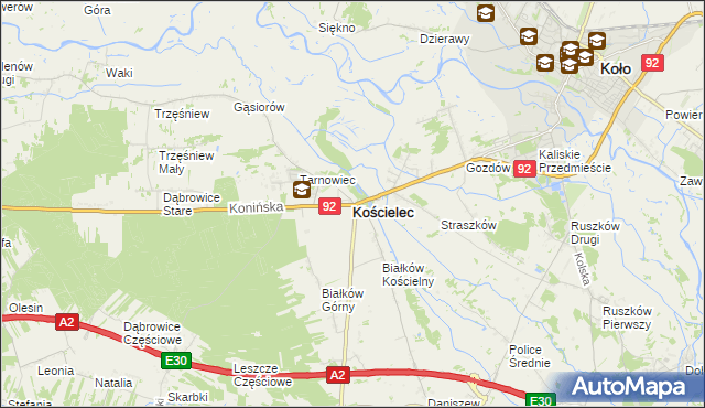 mapa Kościelec powiat kolski, Kościelec powiat kolski na mapie Targeo