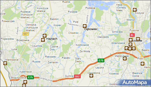 mapa Kostkowice gmina Dębowiec, Kostkowice gmina Dębowiec na mapie Targeo