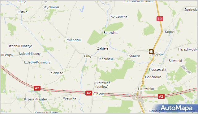 mapa Kożuszki gmina Międzyrzec Podlaski, Kożuszki gmina Międzyrzec Podlaski na mapie Targeo