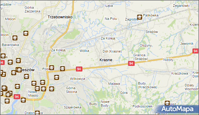 mapa Krasne powiat rzeszowski, Krasne powiat rzeszowski na mapie Targeo