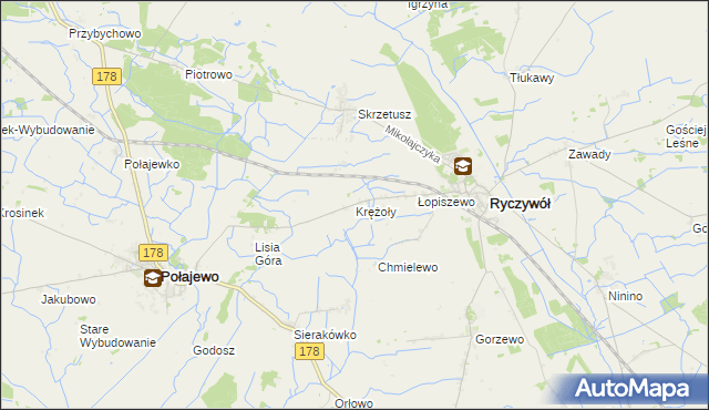 mapa Krężoły gmina Ryczywół, Krężoły gmina Ryczywół na mapie Targeo