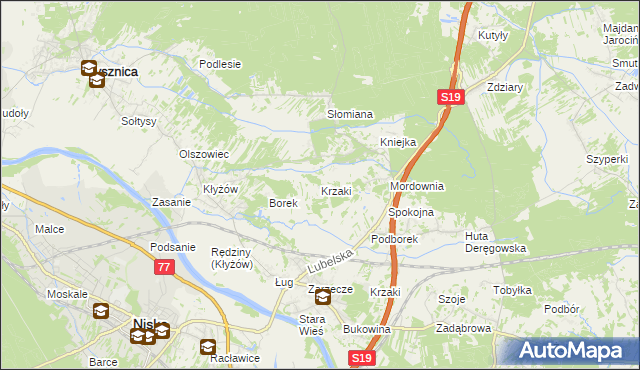 mapa Krzaki gmina Pysznica, Krzaki gmina Pysznica na mapie Targeo