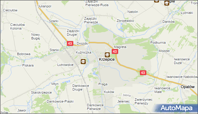 mapa Krzepice powiat kłobucki, Krzepice powiat kłobucki na mapie Targeo