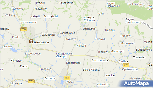 mapa Kujawki gmina Działoszyce, Kujawki gmina Działoszyce na mapie Targeo