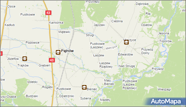 mapa Łaszew gmina Wierzchlas, Łaszew gmina Wierzchlas na mapie Targeo