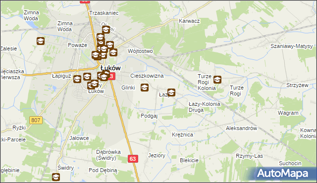 mapa Łazy gmina Łuków, Łazy gmina Łuków na mapie Targeo