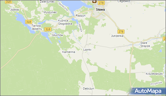 mapa Lipinki gmina Sława, Lipinki gmina Sława na mapie Targeo