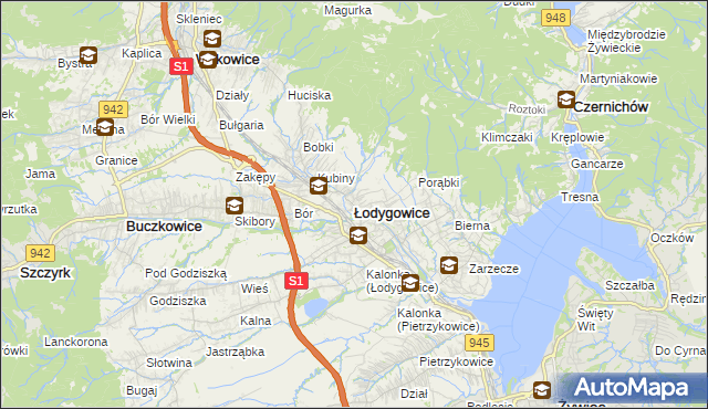 mapa Łodygowice powiat żywiecki, Łodygowice powiat żywiecki na mapie Targeo