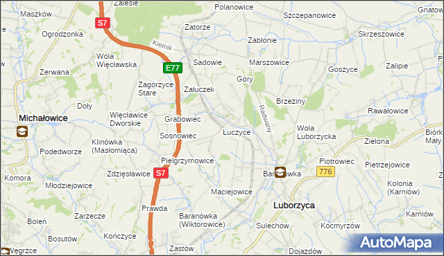 mapa Łuczyce gmina Kocmyrzów-Luborzyca, Łuczyce gmina Kocmyrzów-Luborzyca na mapie Targeo