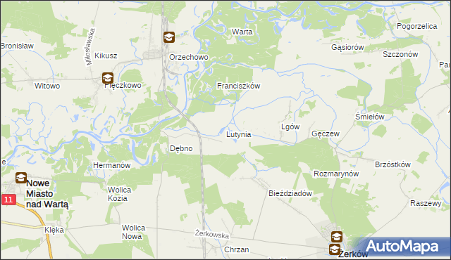 mapa Lutynia gmina Nowe Miasto nad Wartą, Lutynia gmina Nowe Miasto nad Wartą na mapie Targeo