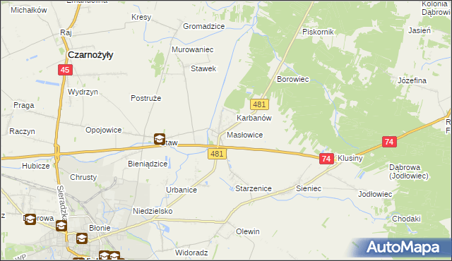 mapa Masłowice gmina Wieluń, Masłowice gmina Wieluń na mapie Targeo