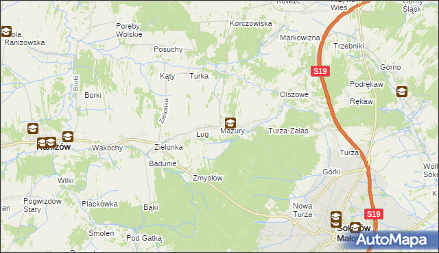 mapa Mazury gmina Raniżów, Mazury gmina Raniżów na mapie Targeo