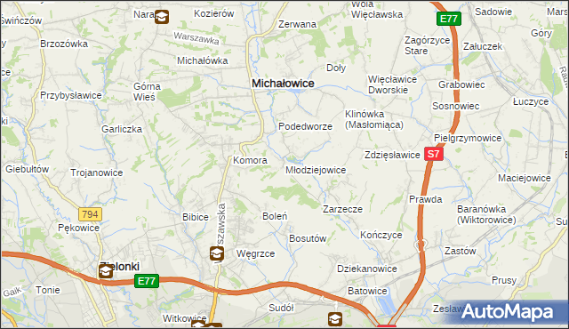 mapa Młodziejowice gmina Michałowice, Młodziejowice gmina Michałowice na mapie Targeo