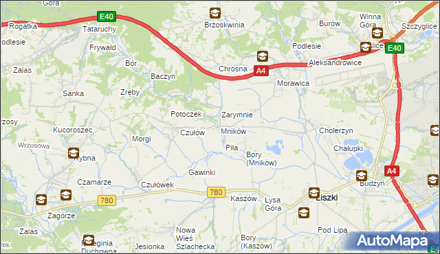 mapa Mników gmina Liszki, Mników gmina Liszki na mapie Targeo