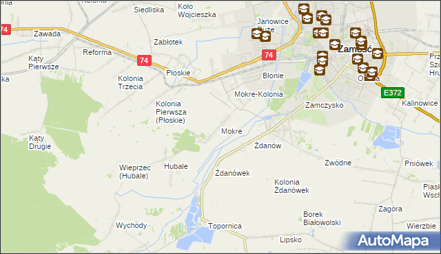 mapa Mokre gmina Zamość, Mokre gmina Zamość na mapie Targeo