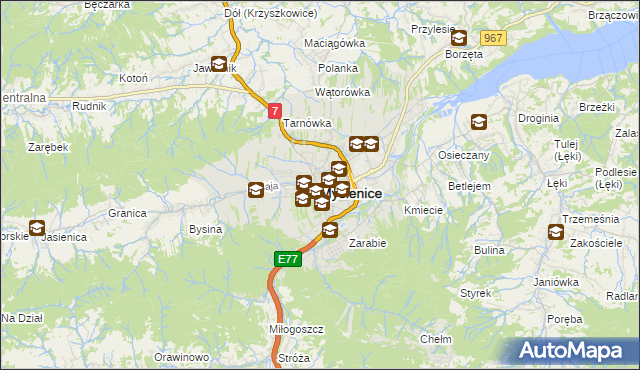 mapa Myślenice, Myślenice na mapie Targeo
