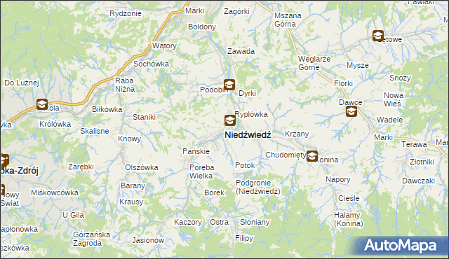 mapa Niedźwiedź powiat limanowski, Niedźwiedź powiat limanowski na mapie Targeo