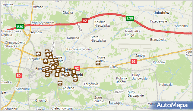 mapa Nowe Osiny, Nowe Osiny na mapie Targeo